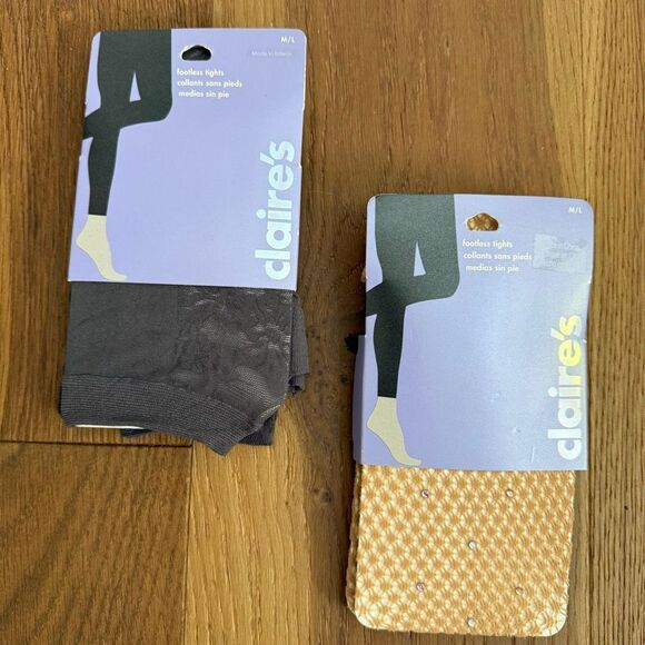 NIP 2 Claire’s Y2K Footless Tights Embellished Bling Tan Dark Grey Lace M L - Picture 1 of 8